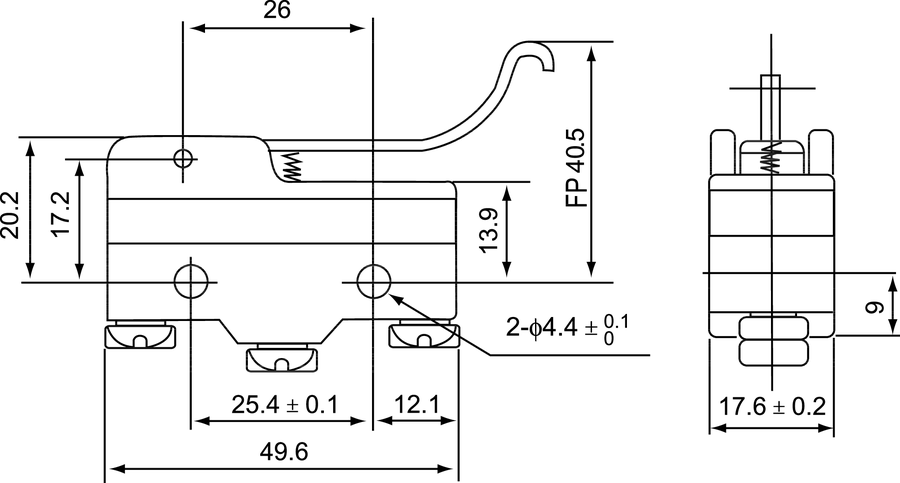 MS\1706 Міні-вимикач важіль довгий вигнутий - Розміри
